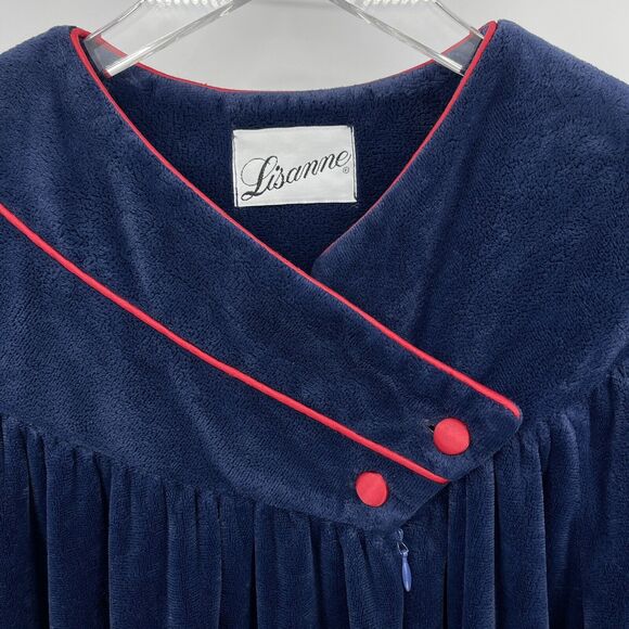Vintage Lisanne Navy Blue Velour 1/2 Zip Velvet Robe Housecoat Women's Small - Picture 7 of 11
